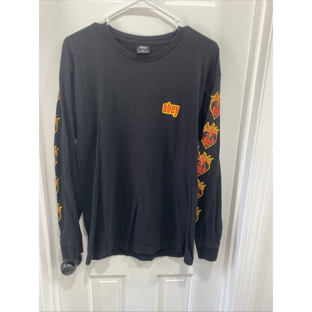Obey Propaganda Mens Medium Faded Spell Out Fire Flames Long Sleeve T-Shirt‎
